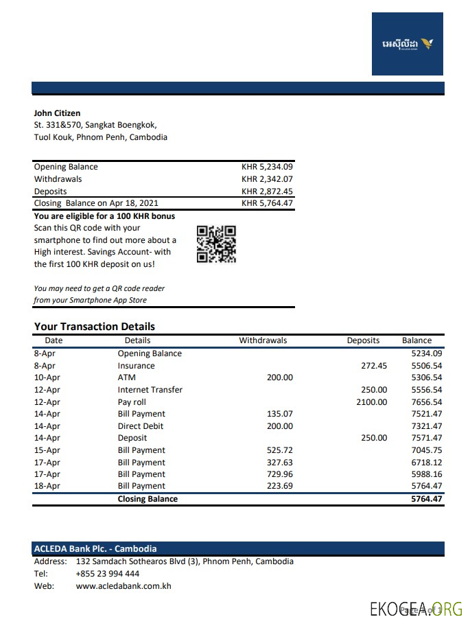 Relevé bancaire Acleda au Cambodge